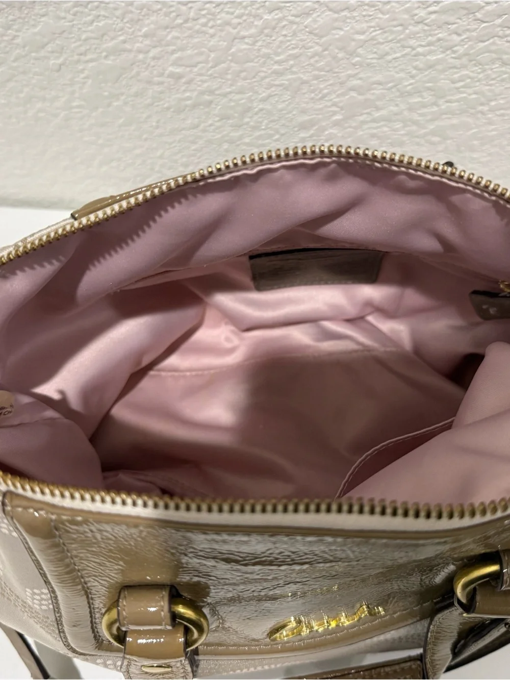 Coach Cream and Brown Signature Patent Trim Satchel